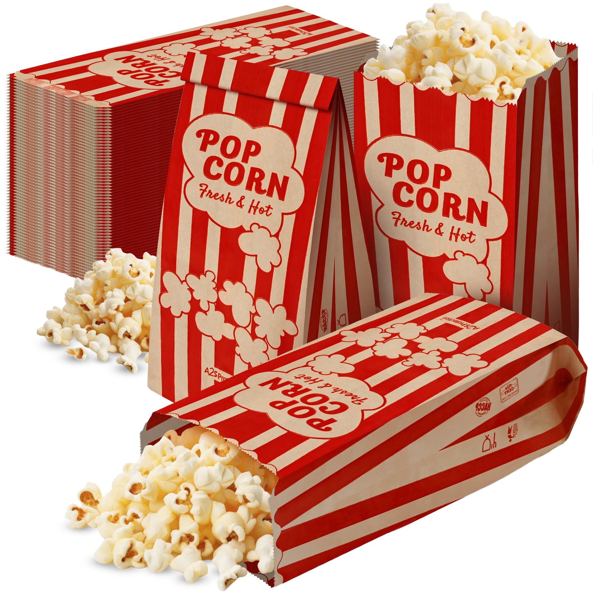 Popcorn Bags 1.5oz - Bulk Pack of 125 - Medium Brown & Red Individual Pop Corn Paper Bags - Family Movie Night, Mini Snack Boxes, Concession Stand, Party or Game Supplies - Goodie Box Bowl - A2S Brand