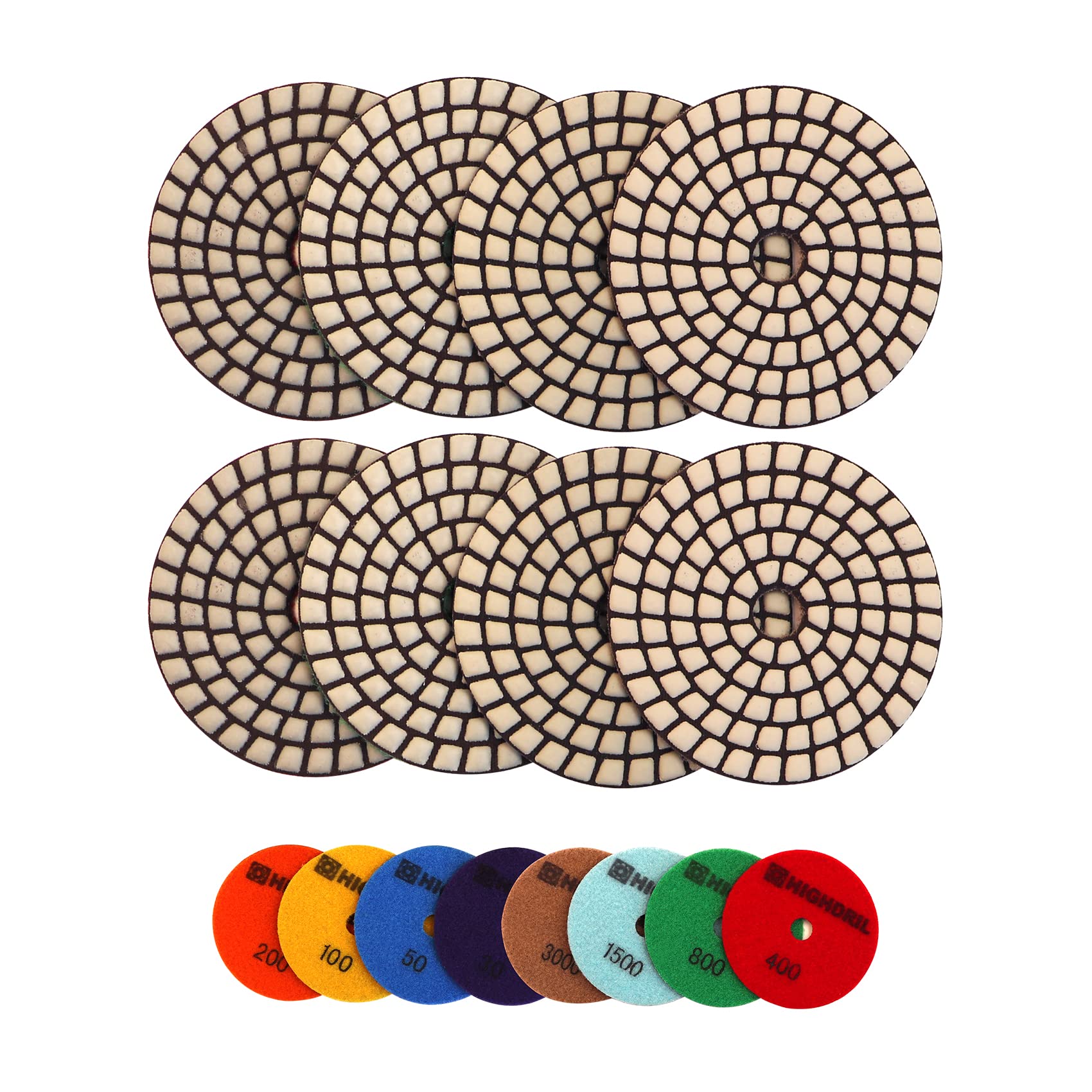 HIGHDRIL Dry Diamond Polishing Pad - 8PCS (#30-3000) 100MM Sanding Pads for Granite Stone Marble Floor Grinder Polish Pad Kit for Drill, Grinder, Polisher