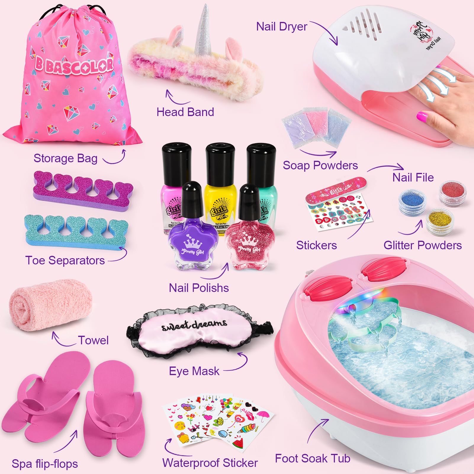 Kids Foot Spa & Nail Kit Set, Kids Spa Day Kit for Girls, Massage Foot Soak Tub and Nail Dryer, Manicure Pedicure Art Salon Girl Gift for 5-12, Christmas Birthday Gifts