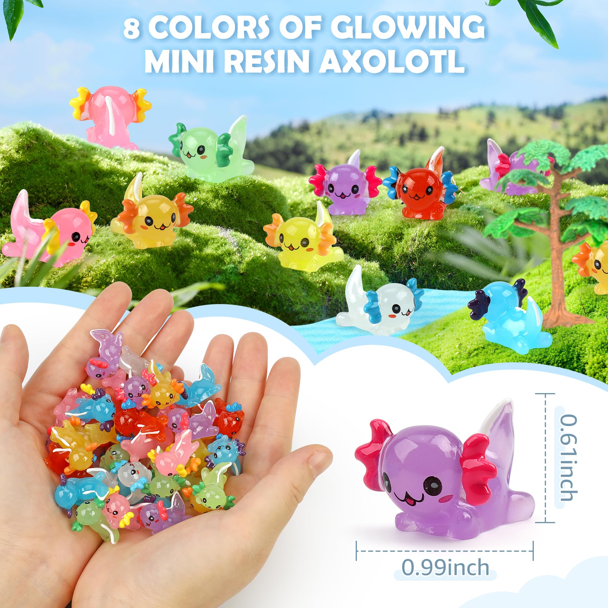 32 pcs Luminous Mini Resin Axolotl 8 Colors Glow in The Dark Tiny Small Little Resin Axolot to Hide Plastic Animal Figures for Garden Micro Landscape Aquarium Potted DIY Miniature Dollhouse Decor