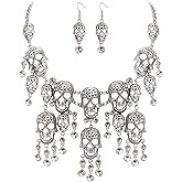EVER FAITH Halloween Jewelry Accessories Costume Punk Gothic Skeleton Skull Bib Statement Collar Necklace Dangle Earrings Set for Prom Party
