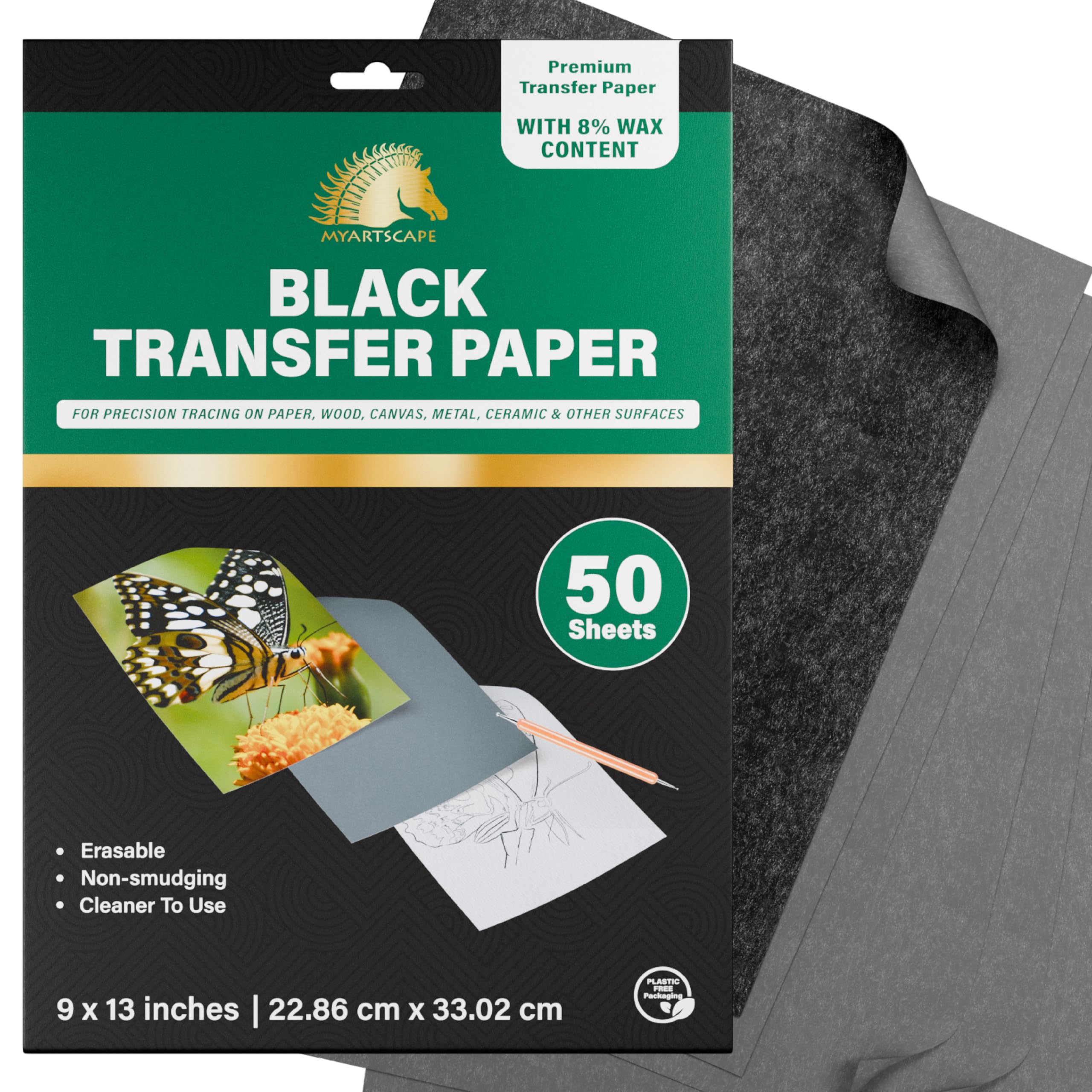 MyArtscape Graphite Transfer Paper - 9" x 13" - 50 Sheets - Waxed Carbon Paper for Tracing (Black)