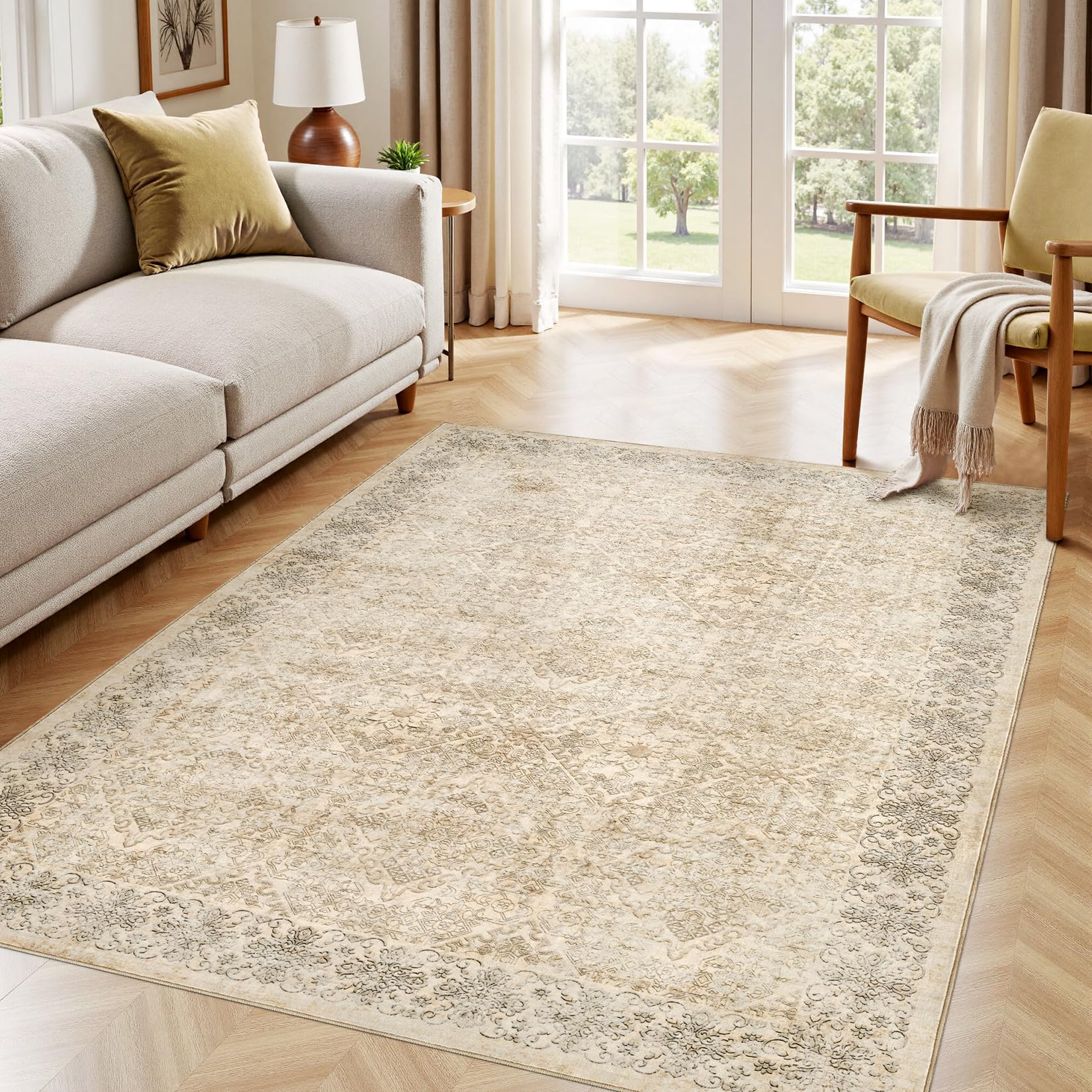 Photo 1 of 6x9 Area Rug Living Room: Washable Neutral Vintage Large Rugs Non-Slip Stain Resistant Soft Low Pile Indoor Retro Carpet for Bedroom Dining Room Under Table Office Playroom - Light Brown