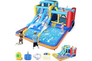 WHUBEFY Bounce House with Double Water Slide for Kids Backyard w/Blower, 12x10x6.5 FT Jump and Slide Inflatable Water Park w/ 2 Slides, Jumping Area, Climbing Wall and 2 Water Cannons for Wet Or Dry Use
