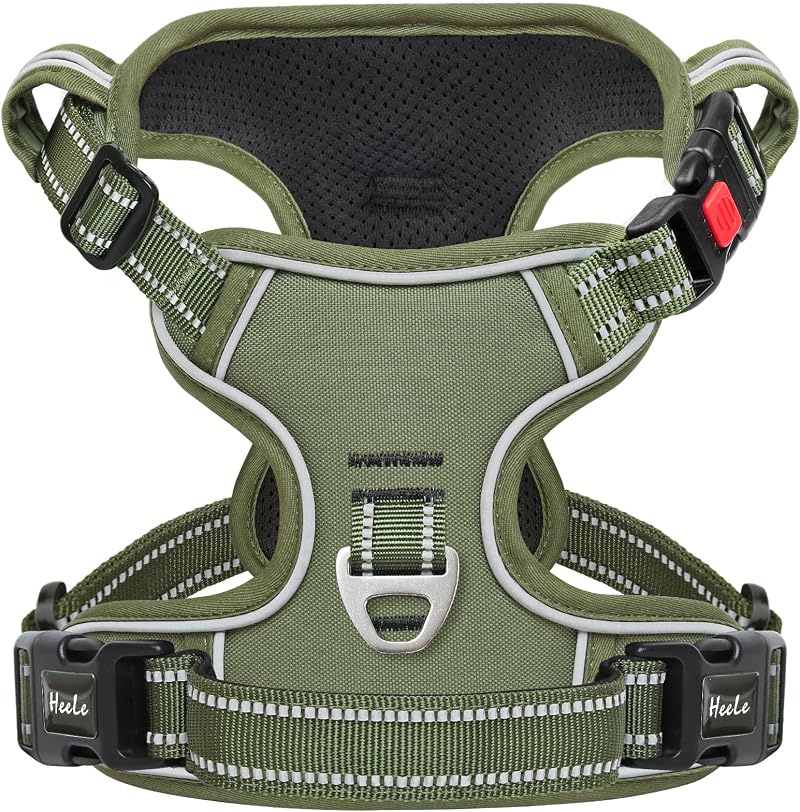 HEELE Dog Harness No Pull Front Back Clips Reflective Adjustable Size M Green