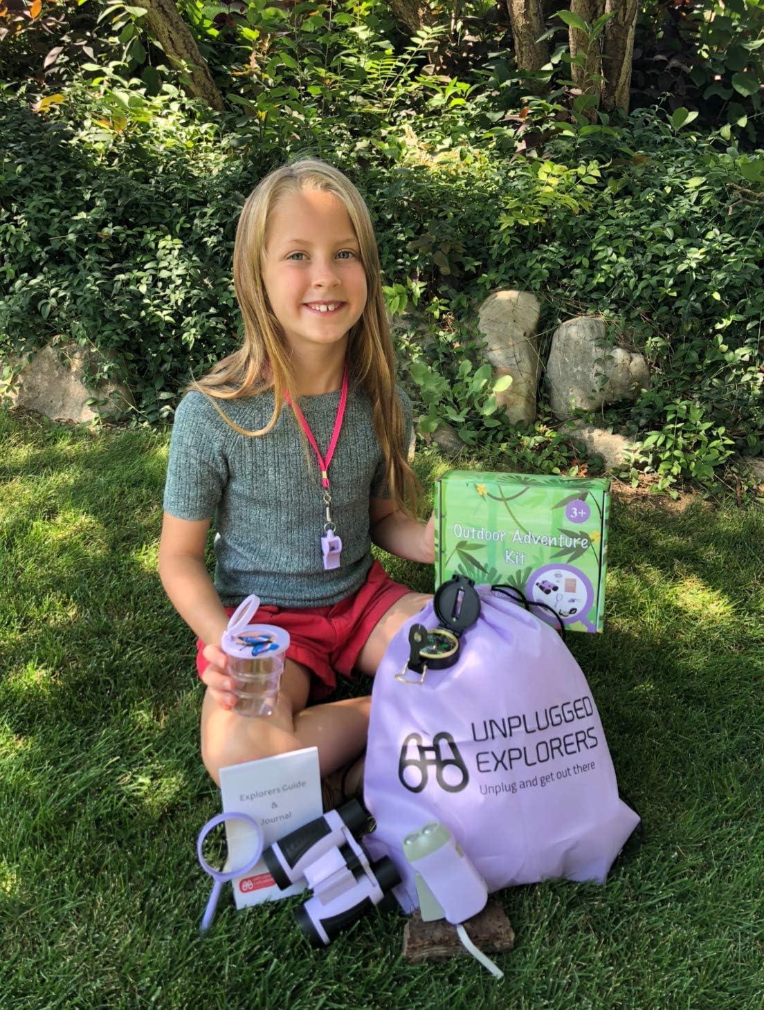 Unplugged Explorers 9 Piece Kids Outdoor Explorer Kit- Backpack, Binoculars, Flashlight, Compass, Bug Collector, Whistle, Magnifying Glass, and Journal. Boy/Girl STEM (Purple): Toys & Games