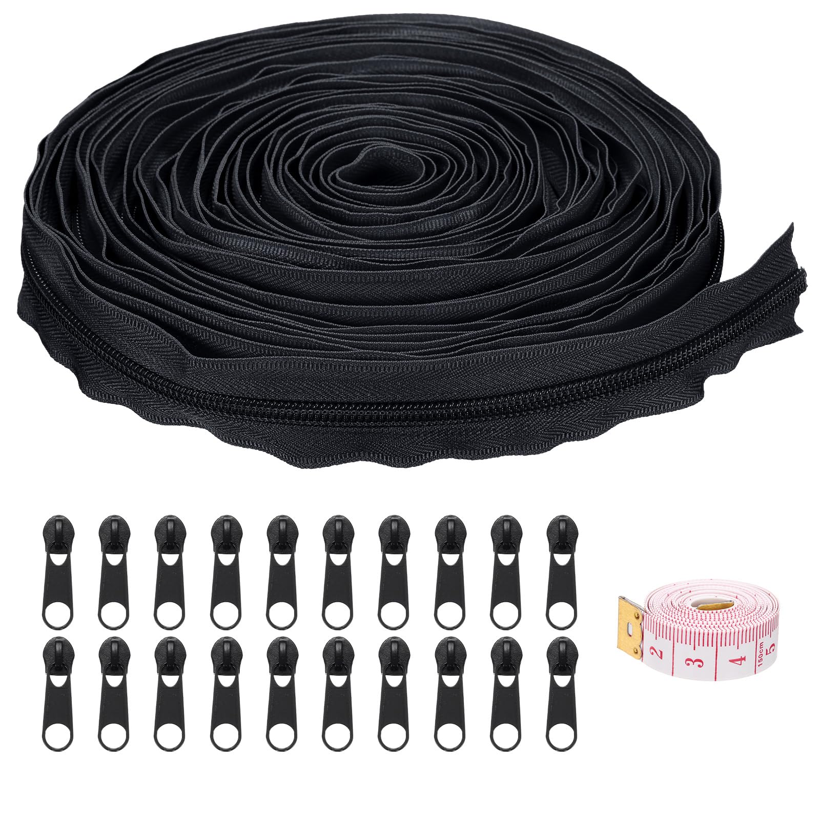 uxcell #5 10 Yards Nylon Coil Zippers, Bulk Coil Zipper by The Yards with 20 Pcs Zippers Sliders and Ruler for DIY Tailor Sewing Craft Bag Clothes, Black