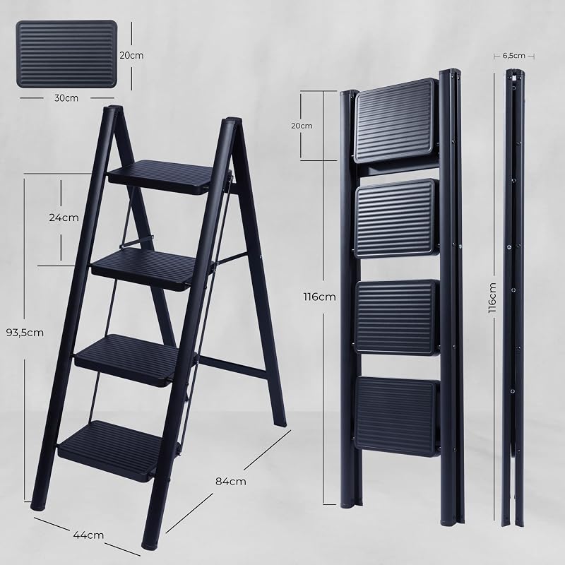 Escabeau Pliable 4 Marches, Échelle de Sécurité avec Pieds Antidérapants, Tabouret de Step Idéal pour Maison, Cuisine, Bureau, Ladders Design Compact et Durable (Noir, 4 Marches)