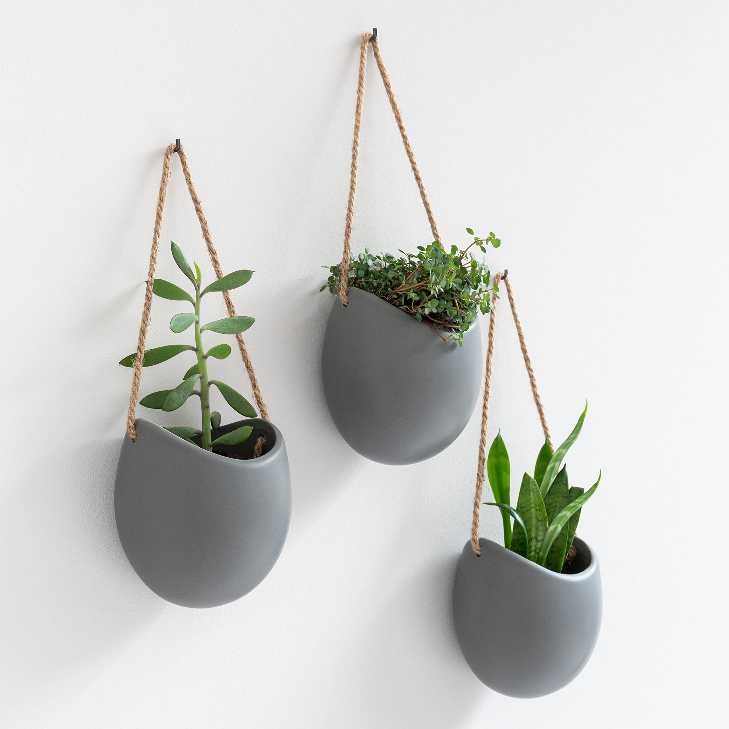 Kazai. Wall Planters -Ellie- | Hanging Ceramic Plant Pots, 3 Pieces, for Succulents and more | Wall Decoration for Indoors, Balcony and Garden | Grey (matte)