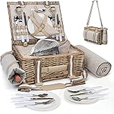 31Pcs Picnic Basket Set for 4 with Insulated Liner and Waterproof Blanket Wine Pouch, Large Wicker Picnic Hamper for Camping,Outdoor,Valentine Birthday Christmas for Couples