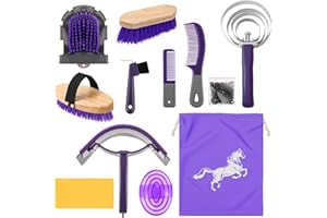 Abbylike 12 Pieces Horse Grooming Kit Racing Festival Tack Room Supplies Horse Brush Sets Equine Care Cleaning Kit Shedding Grooming Massaging Tools(Gray and Purple)