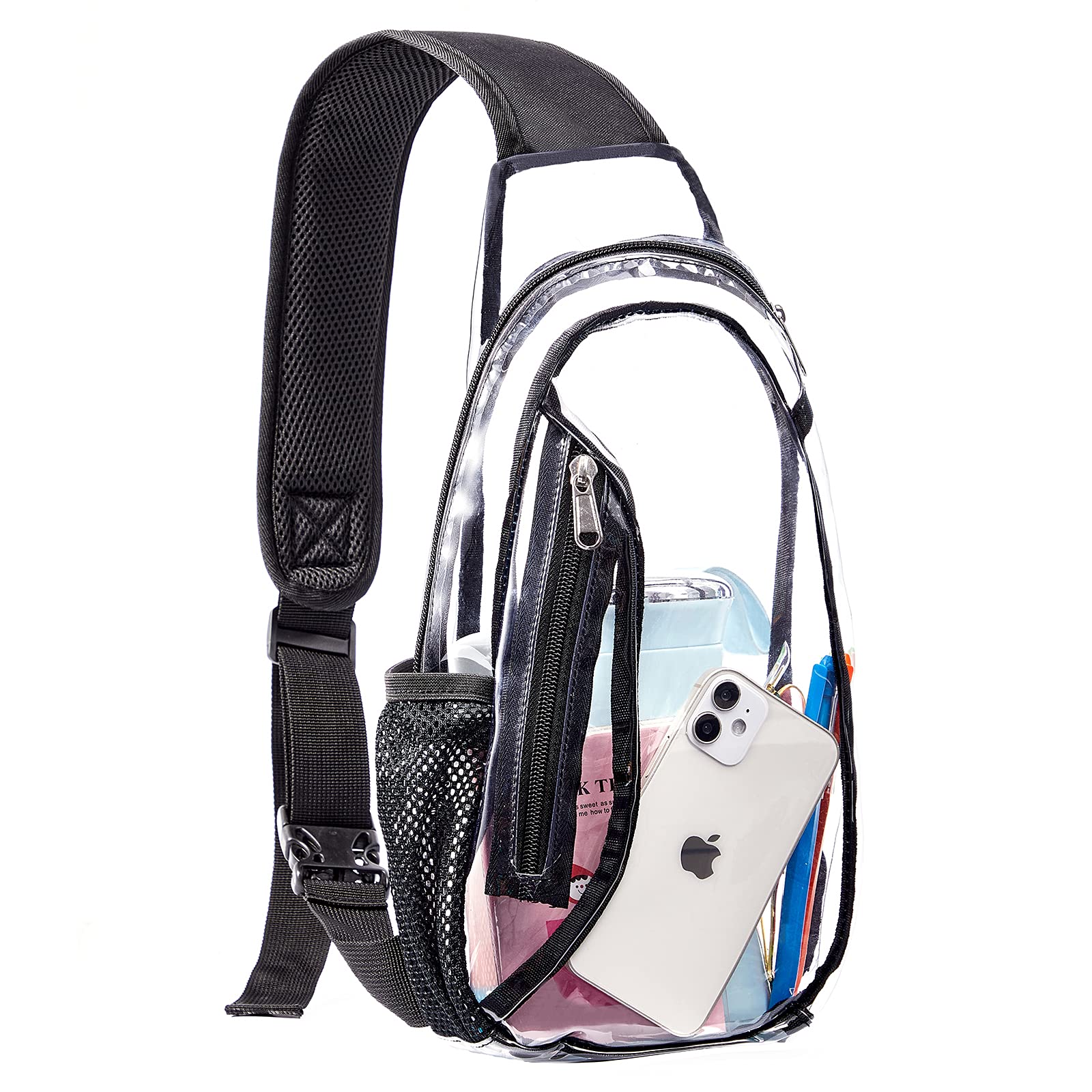Photo 1 of **ZIPPER IS DAMAGED**gdbis Clear Sling Bag, Stadium Approved Small PVC Crossbody Backpack, Transparent Casual Chest Daypack for Hiking, Stadium or Concerts, Black