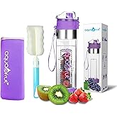 NEW Improved AquaFrut Bottom Loading Fruit Infuser Water Bottle Complete Bundle Includes Bottle Brush, Insulating Sleeve & Infusion Recipe eBook. Leak Proof Sweat Proof BPA-Free (Purple)