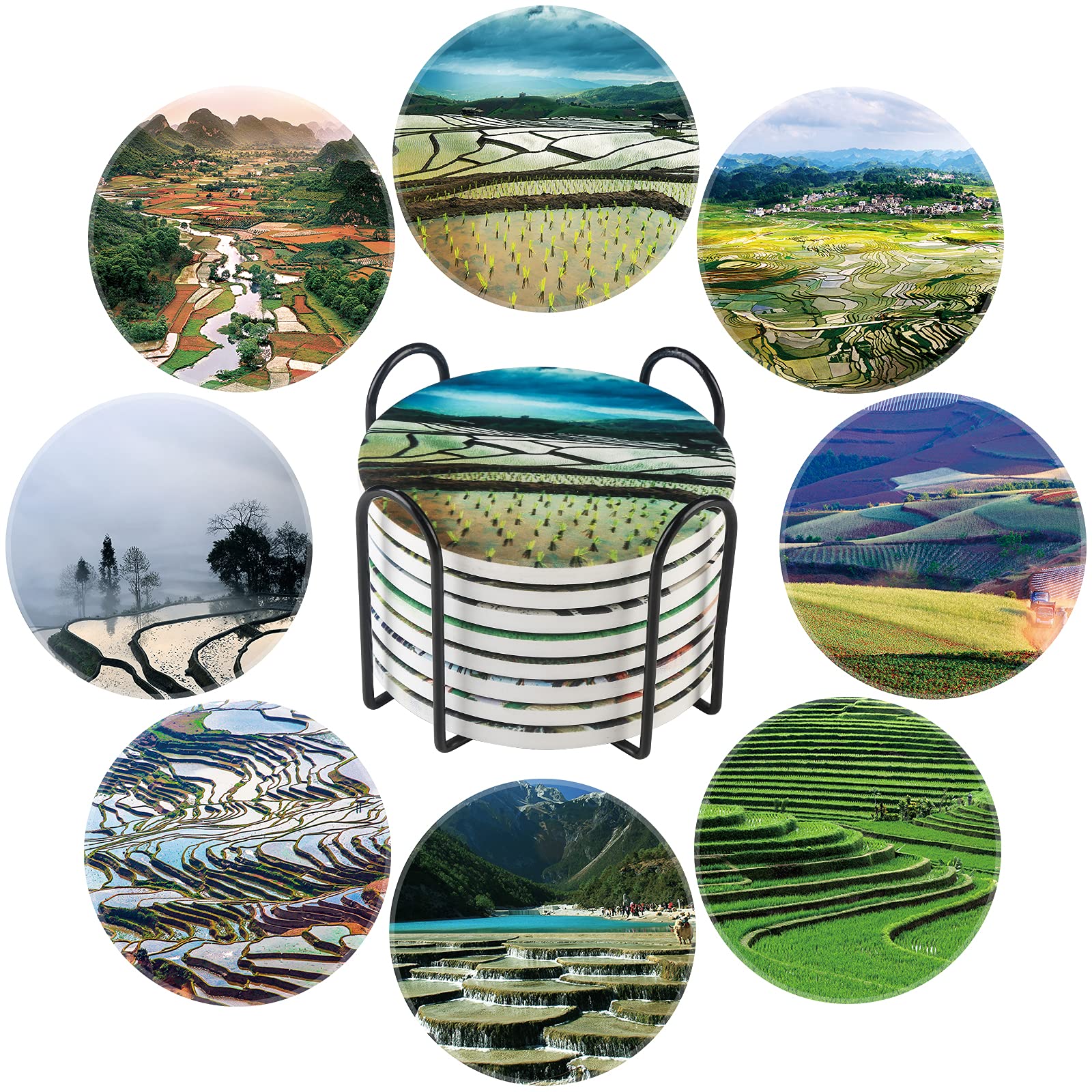 Coasters for Drinks,Field Style,Water Absorbent Ceramic Coasters Base Coaster Set of 8, Wooden Table Drink Coasters Reuse,10CM, Home Decor,Suitable for Kinds of Cups