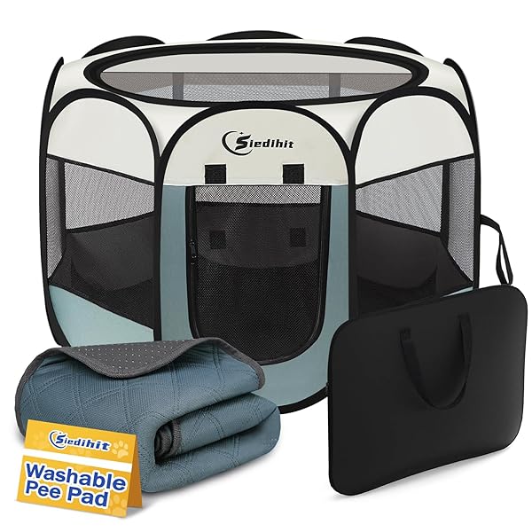 SIEDIHIT MEDIUM DOG CAT PLAYPEN, PUPPY PET PLAYPEN INDOOR FOR DOG CRATE TENT CAGE OUTDOOR, PORTABLE POP UP DOGS ENCLOSURE KENNEL WITH CARRYING CASE FOR DOGS/CATS/RABBITS (GREY WITH PAD, MEDIUM)