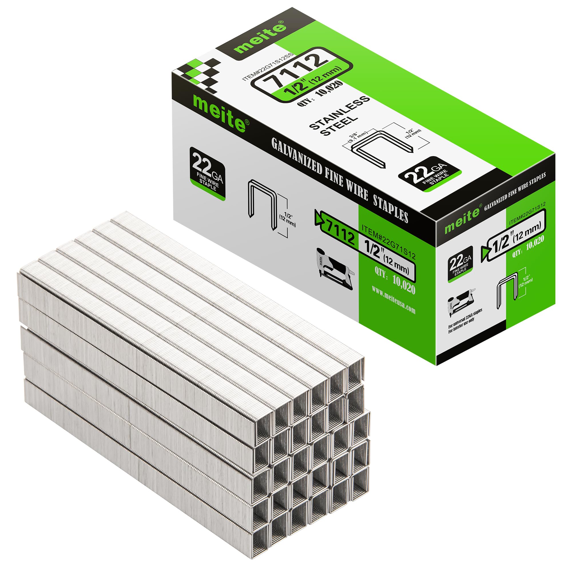 meite Type 71/12 mm Stainless Steel Upholstery Staples, Type 71 Staples for Staple Gun, 22 Gauge 9.1 mm Crown Stainless Steel Staple for Carpet, Work Box, Cable, Fence (10,000 Counts)