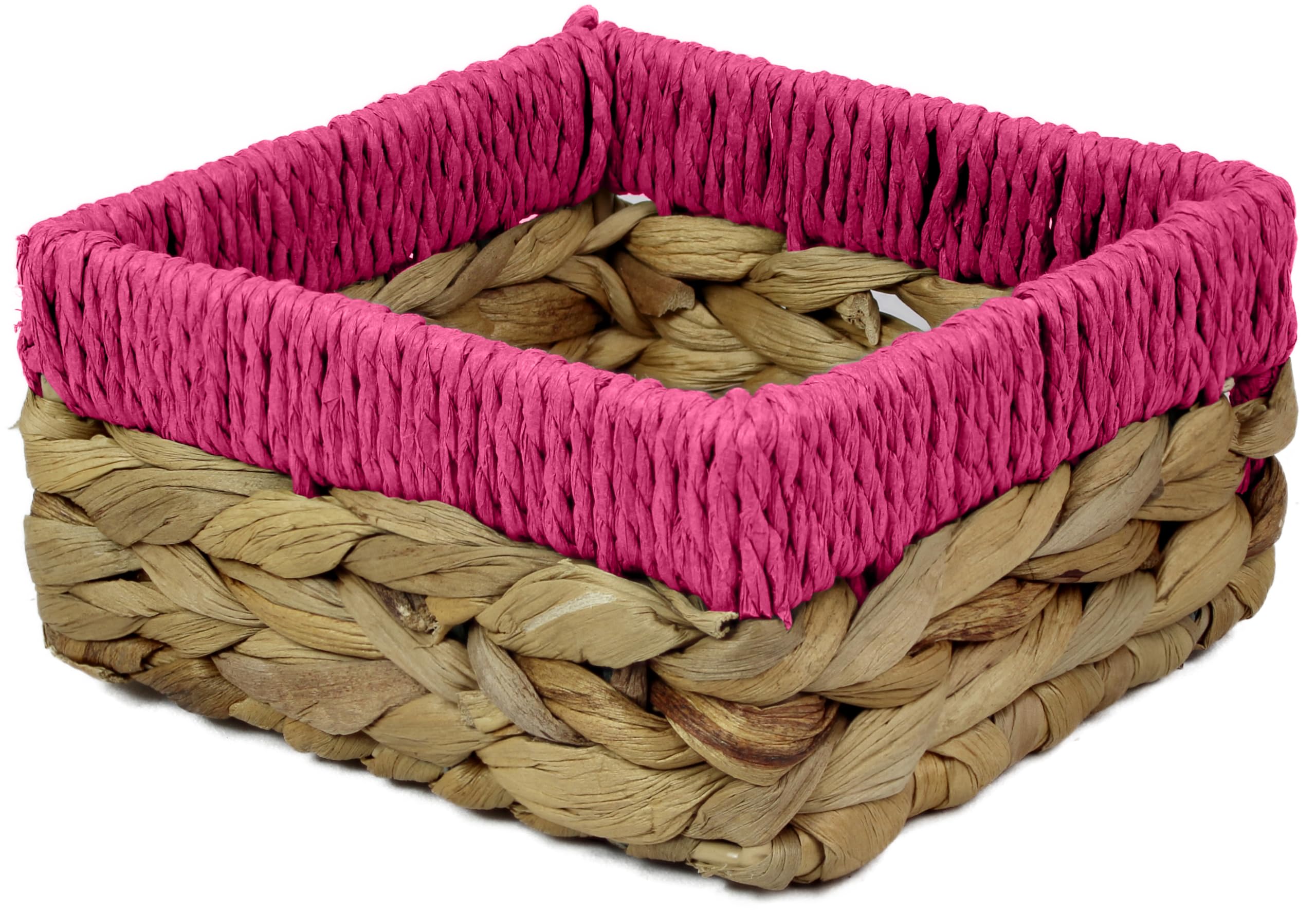 Small Water Hyacinth Square baskets for storage. Natural with Pink edges for shelves open hamper decorative gift mini tray make up Kitchen organiser (1 x Pack, small 14cm)