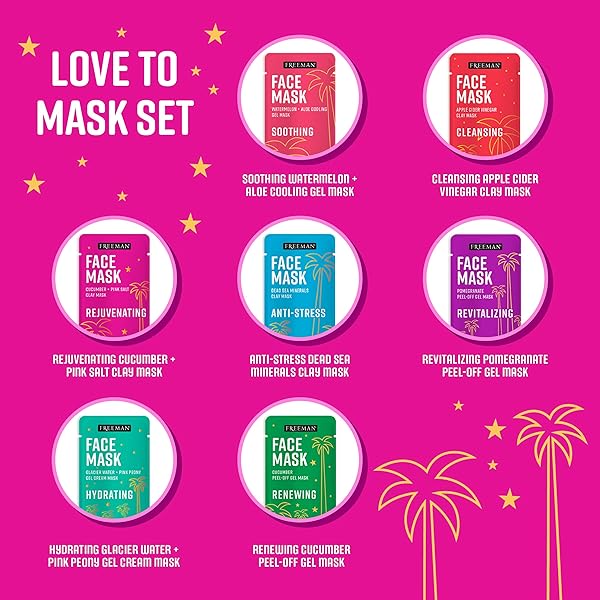 FREEMAN 14 PIECE LOVE TO MASK VARIETY PACK, FACIAL MASKS FOR ALL SKIN TYPES, HYDRATE, DETOXIFY, & CLEAR SKIN, EXFOLIATING SCRUB, BONUS HEADBAND AND SKIN BUFFER, FACE MASKS ARE CRUELTY-FREE & VEGAN
