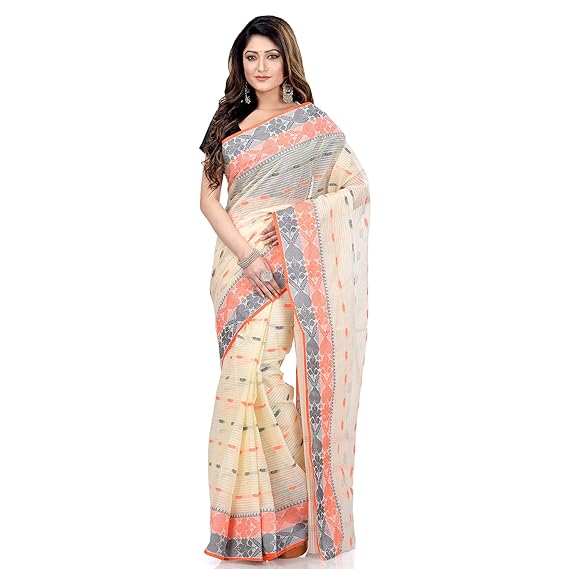 Women Pure Cotton Traditional Handloom Bengal Tant Saree Noyonchuri Design Without Blouse Piece (White Orange Deep Blue)
