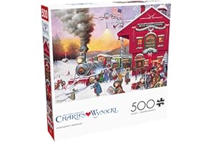 Buffalo Games - Whistle Stop Christmas - 500 Piece Holiday Puzzle for Adults - Charles Wysocki Jigsaw Puzzles - Festive Train Scene with Poster – 500 Colorful Pieces