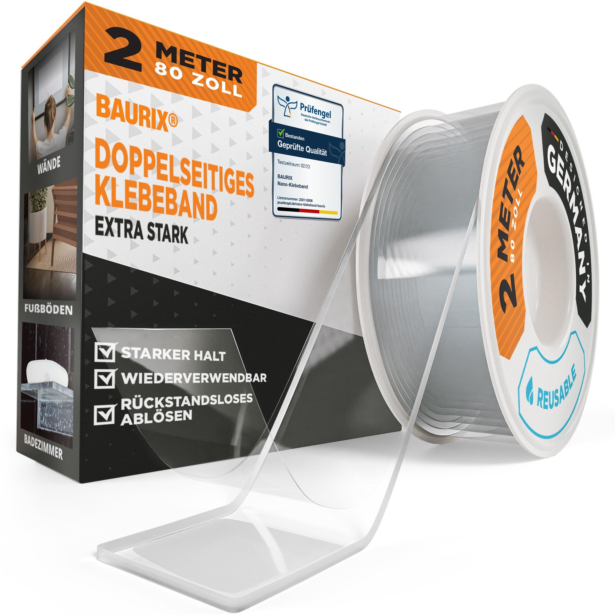 BAURIX® Nano Tape Doppelseitig [2m] – Starkes Klebeband für Wand, Teppich & Deko – transparent, waschbar, wiederverwendbar – ideal für DIY und professionelle Anwendungen
