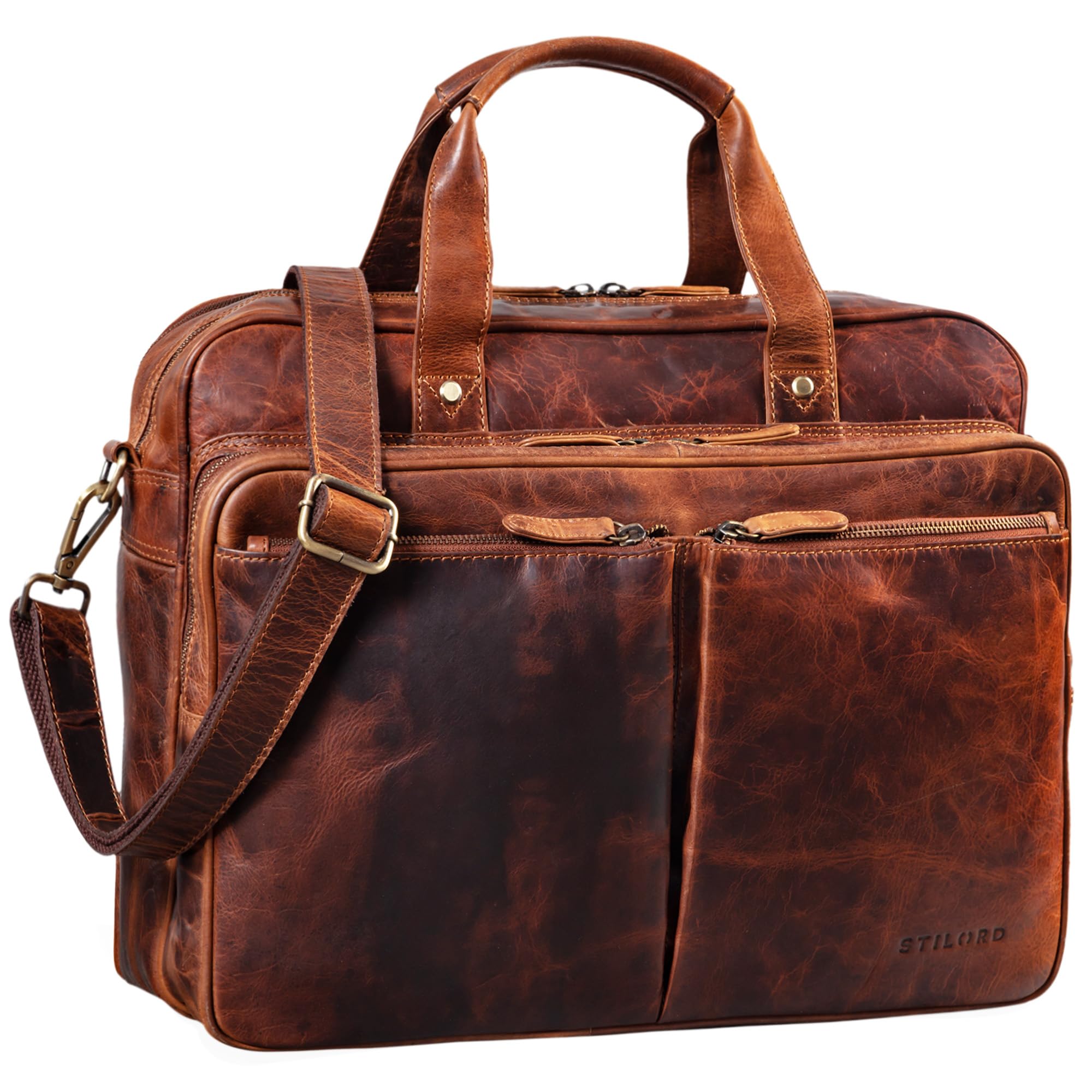 STILORD "Remus" Vintage Leather Shoulder Bag Men Large Laptop Bag 15.6" College Bag Portfolio Satchel Business Genuine Leather Colour:Kara - Cognac