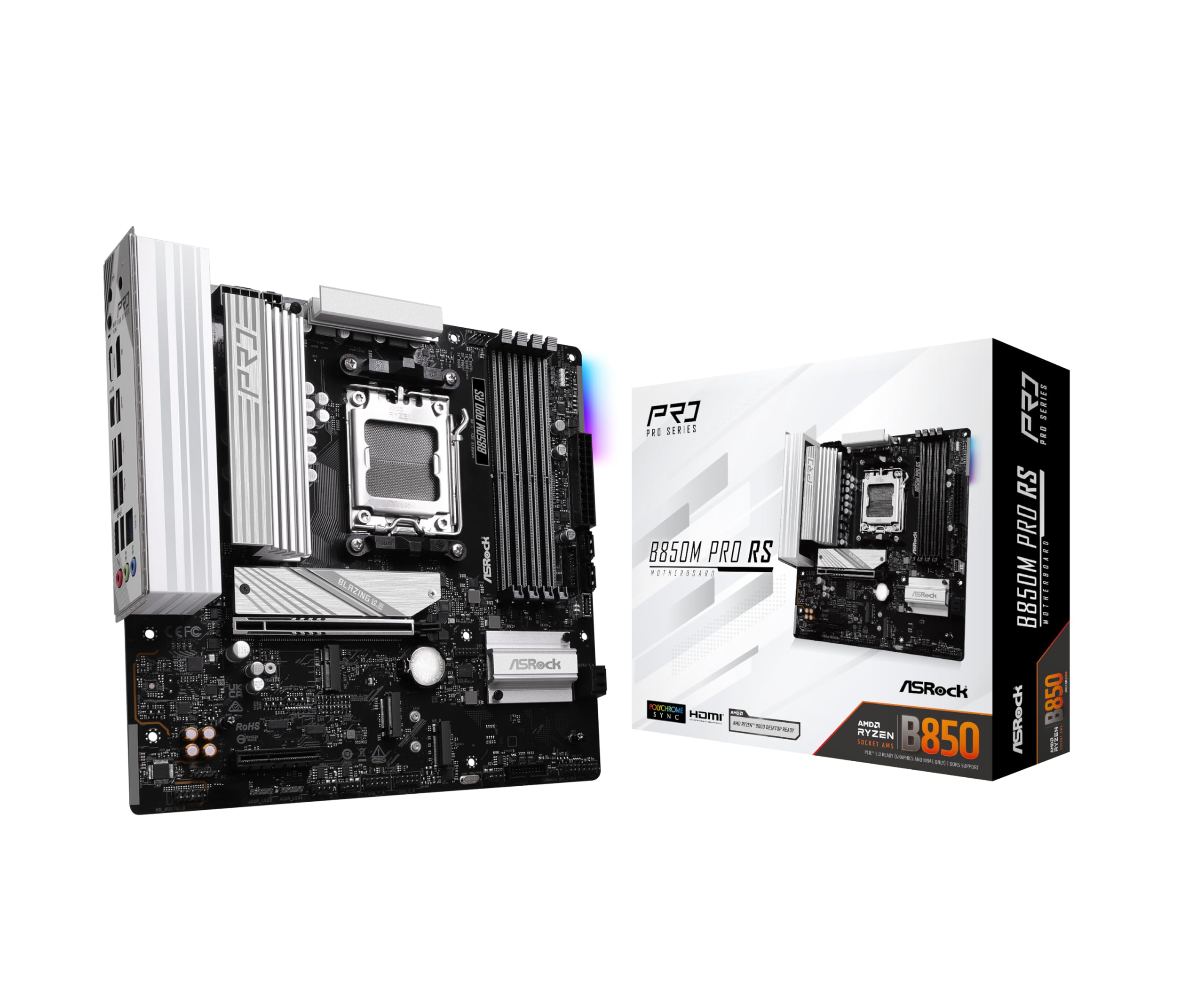 Photo 1 of ASRock B850M Pro RS Micro-ATX AM5 Motherboard, AMD Ryzen 9000/8000/7000 Support, DDR5 8000+(OC), PCIe 5.0, WiFi 6E, 2.5G LAN, USB 3.2 Gen2 Type-C