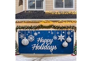 THISFIND Happy Holidays Garage Door Banner – Blue Winter Theme with Snowflakes & Ornaments, Outdoor Vinyl Decoration