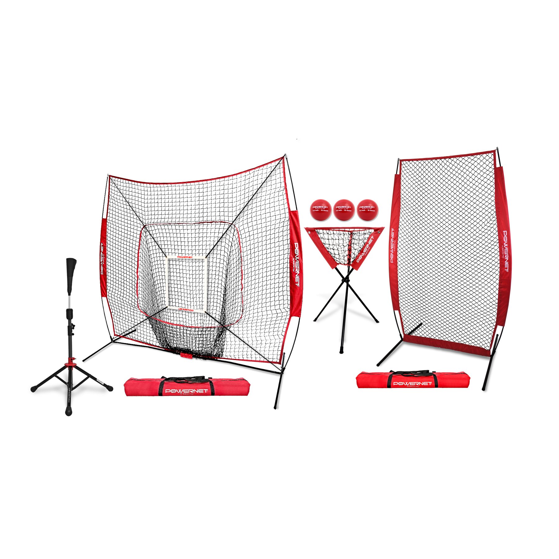 PowerNet Baseball Coach Bundle, Baseball Training Accessories Include 7x7 FT Net, I-Frame Screen, Batting Tee, Ball Caddy, Weighted Training Balls & Strike Zone