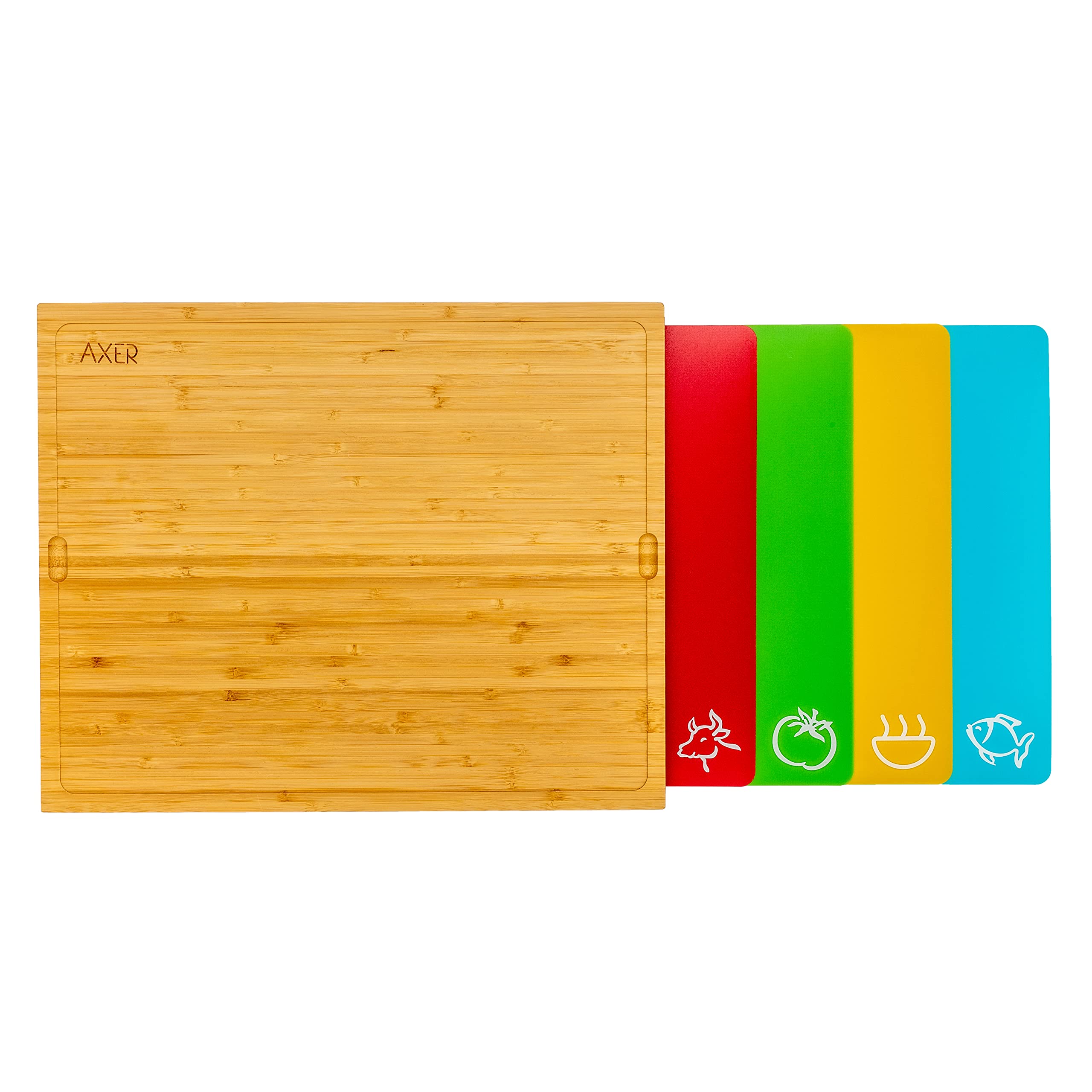 Axer Large Bamboo Wooden Chopping Board Set with Flexible Dishwasher Safe Plastic Coloured Cutting Mat - Include 4 Colour Coded Mats with Food Icons