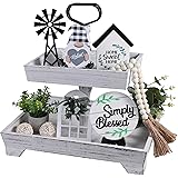 Eufrozy 11pcs Farmhouse Tiered Tray Decor Set, Rustic Tier Tray Decorations with Black and White Buffalo Plaid Gnome Ornament