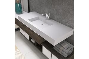 MEDUNJESS Wall Mount Sink Matte Bathroom Vanity Vessel Sinks Artificial Stone Rectanglee Indoor Outdoors Modern Floating or Countertop Freestanding Wall Hang Sink Bowl… (1 Faucet Holes 47'')…