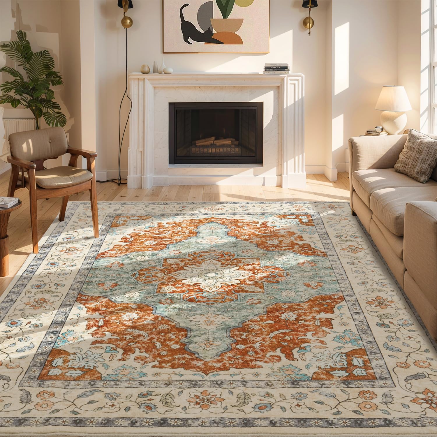 Photo 1 of Topllen Washable Area Rug - 5'x7' Boho Living Room Rug, Non-Slip Soft Rugs Indoor for Bedroom Dining Room Office, Vintage Throw Large Carpet Stain Resistance (Rust, 5x7ft)