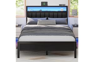Furnulem Full Size Bed Frame with Charging Station and LED Lights, Platform Bed with Metal Slats, Grey Upholstered Headboard with 2-Tier Storage Shelves, No Box Spring Needed