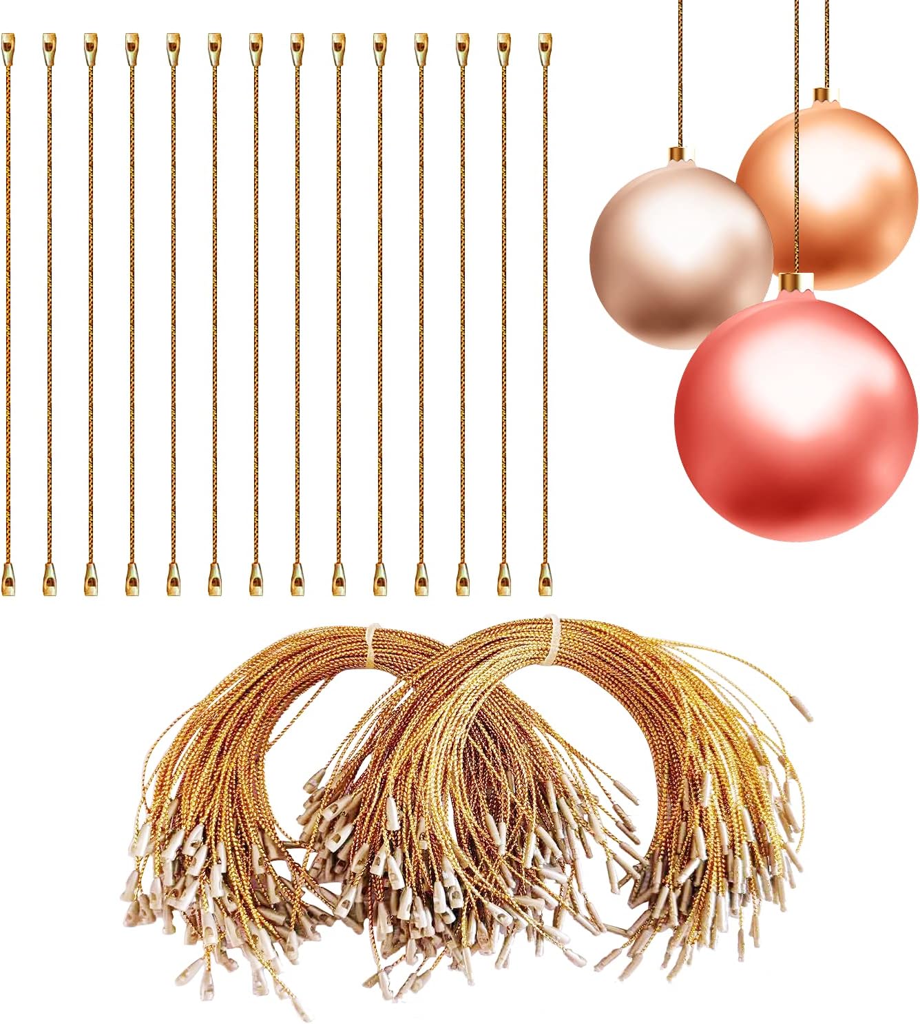 Ornament Hooks - 200pcs Gold Christmas Ornament String with Snap Precut Polyester Ropes Christmas Ornament String Hangers for Christmas Tree Decorations Ornaments