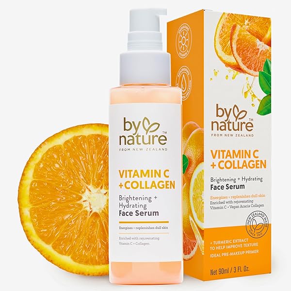 BY NATURE VITAMIN C + COLLAGEN FACE SERUM – RESTORE AND ENERGIZE TIRED SKIN WITH BRIGHTENING VITAMIN C, PLUMPING COLLAGEN, PLUS TEXTURE ENHANCING TURMERIC – PREMIUM SKIN CARE SERUM FOR FACE – 3FL. OZ.