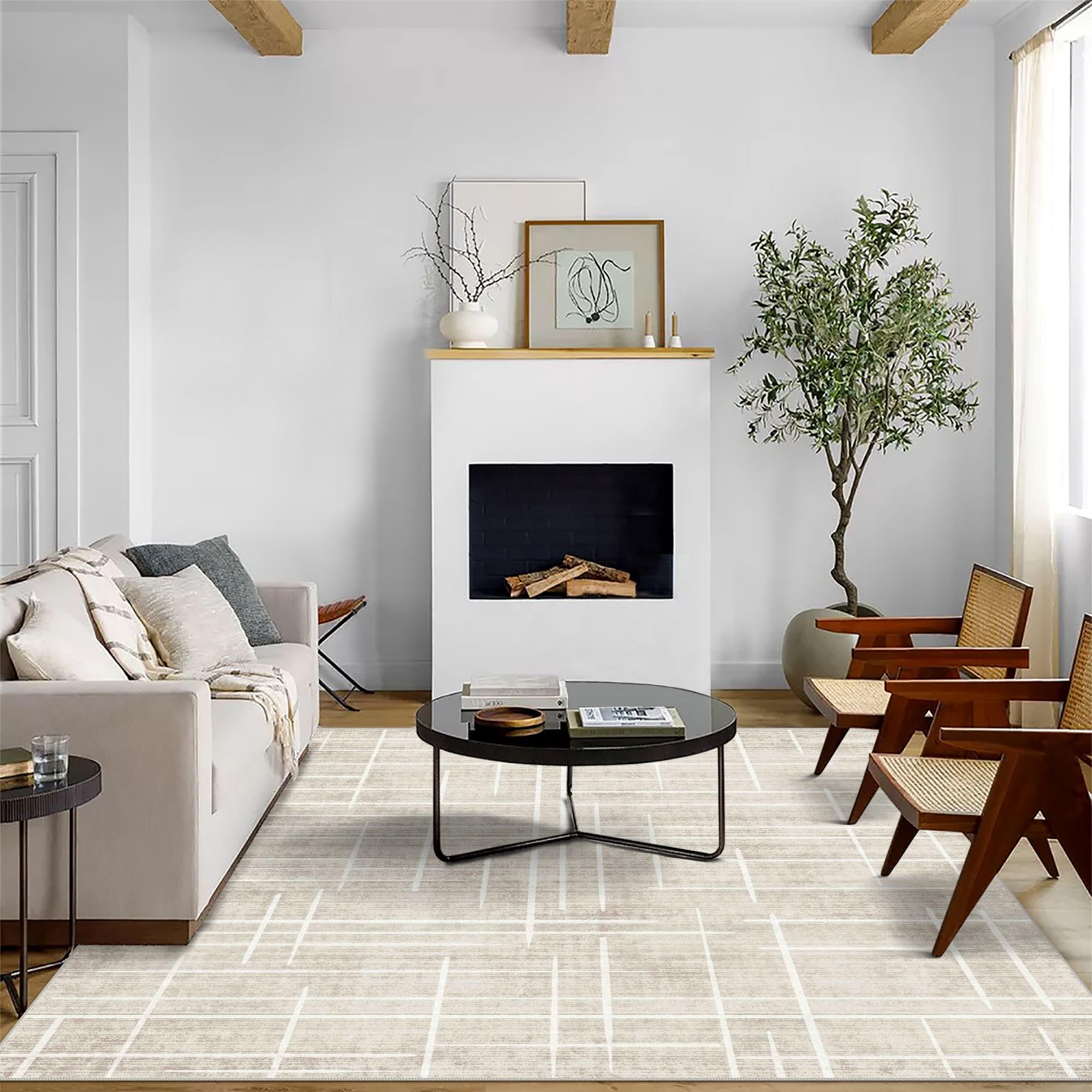 5x7 Area Rugs - Ultra-Thin Washable Rug with Non-Slip Backing, Ideal for Living Room, Bedroom, Kitchen Floor Carpet - Modern Neutral Style, Easy Clean, Durable, Low Pile Rug, Ivory Stripe Image