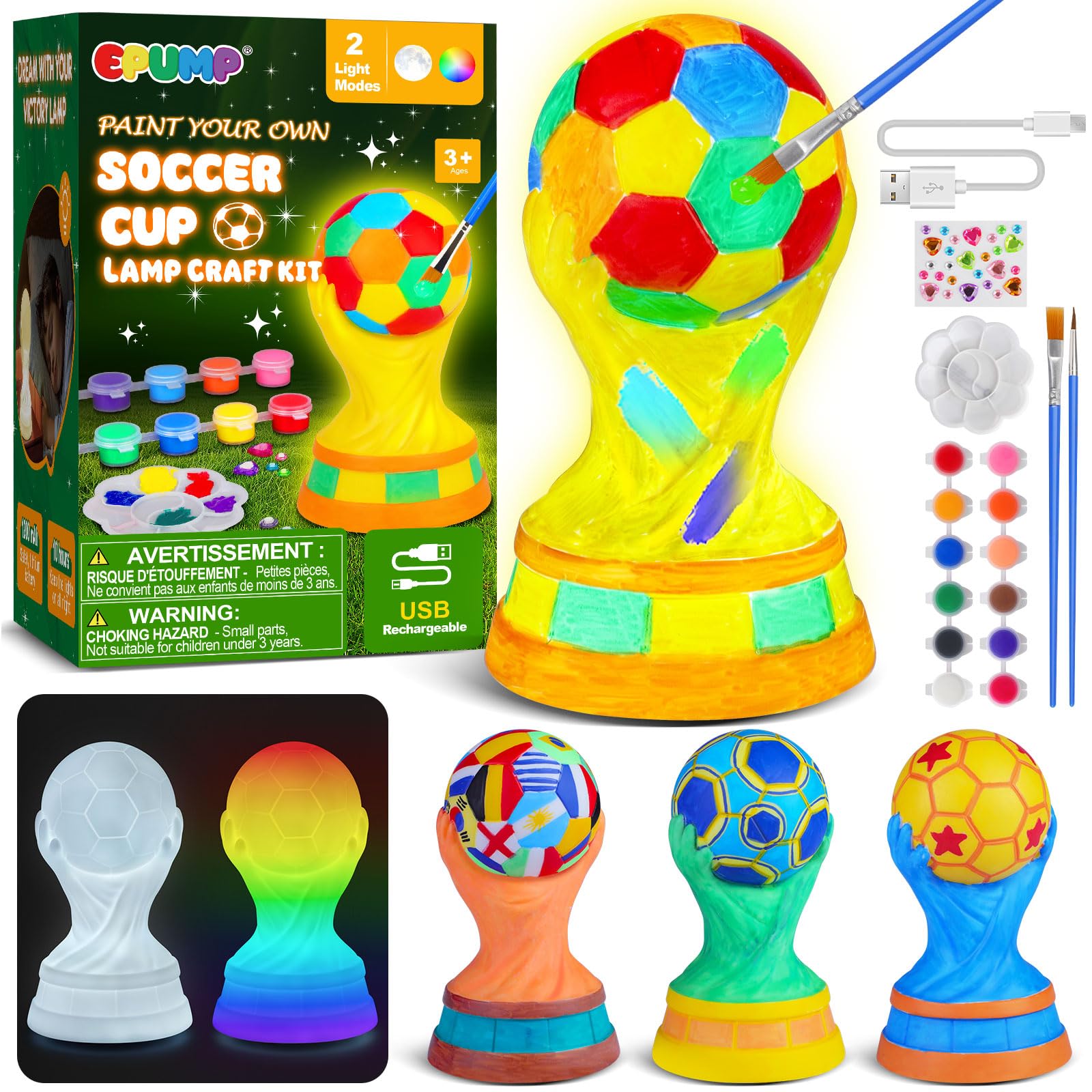 EPUMP Paint Your Own Football Champion Lamp Kit with 2 Light Modes (Rechargeable 1200mAh) -Soccer Arts and Crafts Night Light, DIY Painting Gift for Kids Boys Girls Ages 5 6 7 8 9 10 11 12+