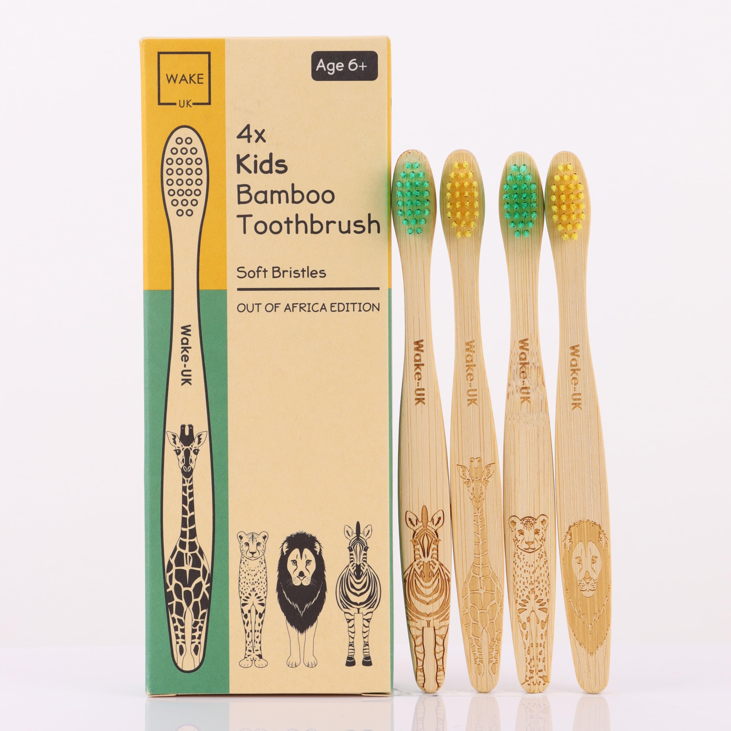 Wake- UK Organic Children's Bamboo Toothbrush | 4 Pack | Soft Fibre Bristles | 100% Biodegradable Handle | BPA Free | Vegan Eco Friendly Kids Toothbrushes