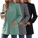 Sweetyweee 3 Pack Women's Long Sleeve Mock Neck Sweaters, Ribbed Knit Long Tops Turtleneck Loose Fit Tunic Shirt with Pockets