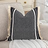 CARRIE HOME Farmhouse Black Boho Striped Pillow Covers 20x20 with Tassels 1 Pack, Black Decorative Accent Pillows for Couch Bed Decor, Boho Decorative 20 x 20 Textured Neutral Throw Pillow Covers