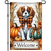 BlissYard Fall Garden Flag 12x18 Inch Welcome Cavalier King Charles Spaniel Dog Outdoor Flag Double Sided Autumn Puppy Yard Banner with Plaid Bow Pumpkins and Acorn for Porch Lawn Patio