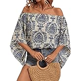 Floerns Women's Boho Off Shoulder 3/4 Bell Sleeve Summer Blouse Top