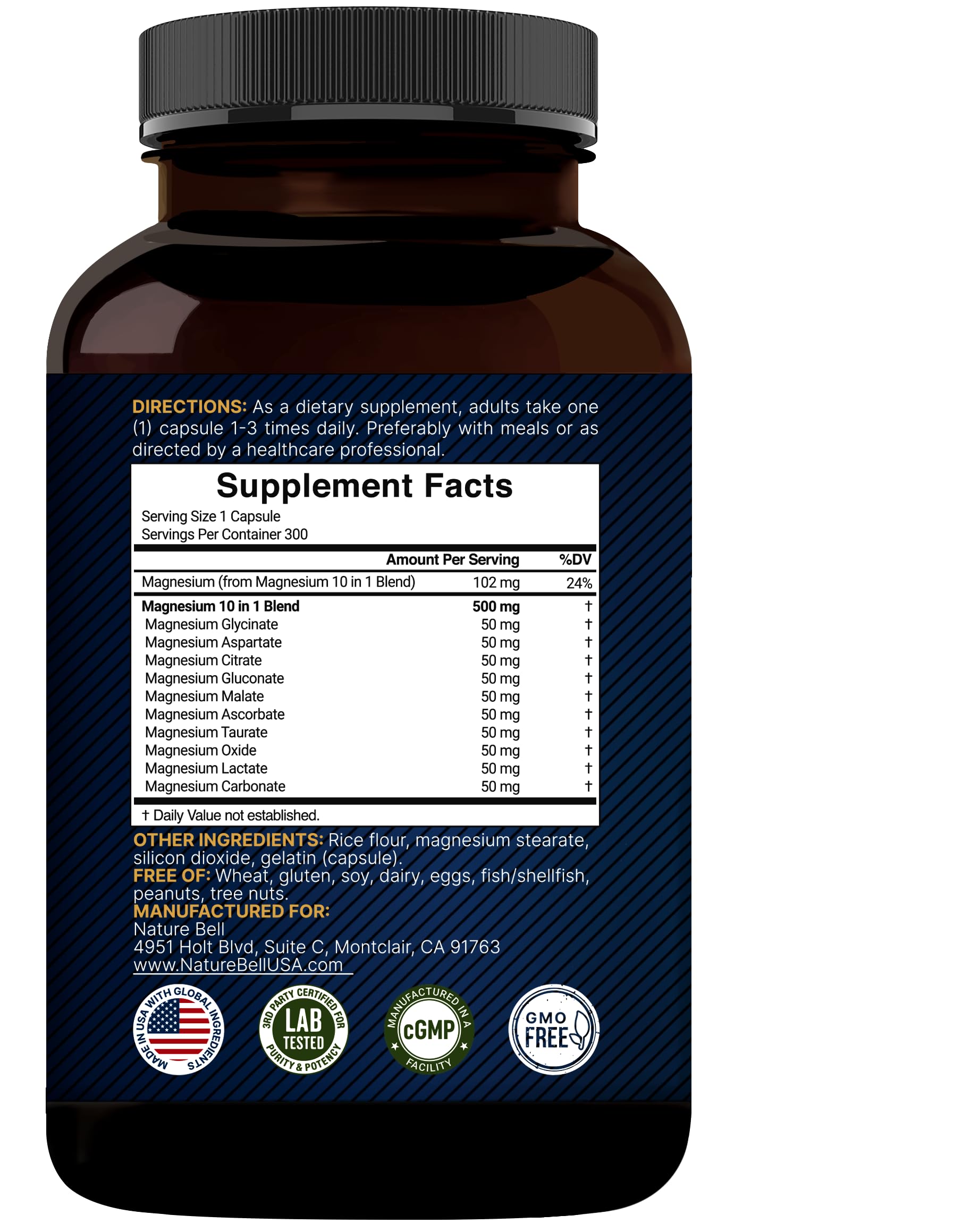 Magnesium Complex 500mg, 300 Capsules | Glycinate, Citrate, Malate & More | Chelated & Purified | Bone, Heart & Muscle Support | Non-GMO