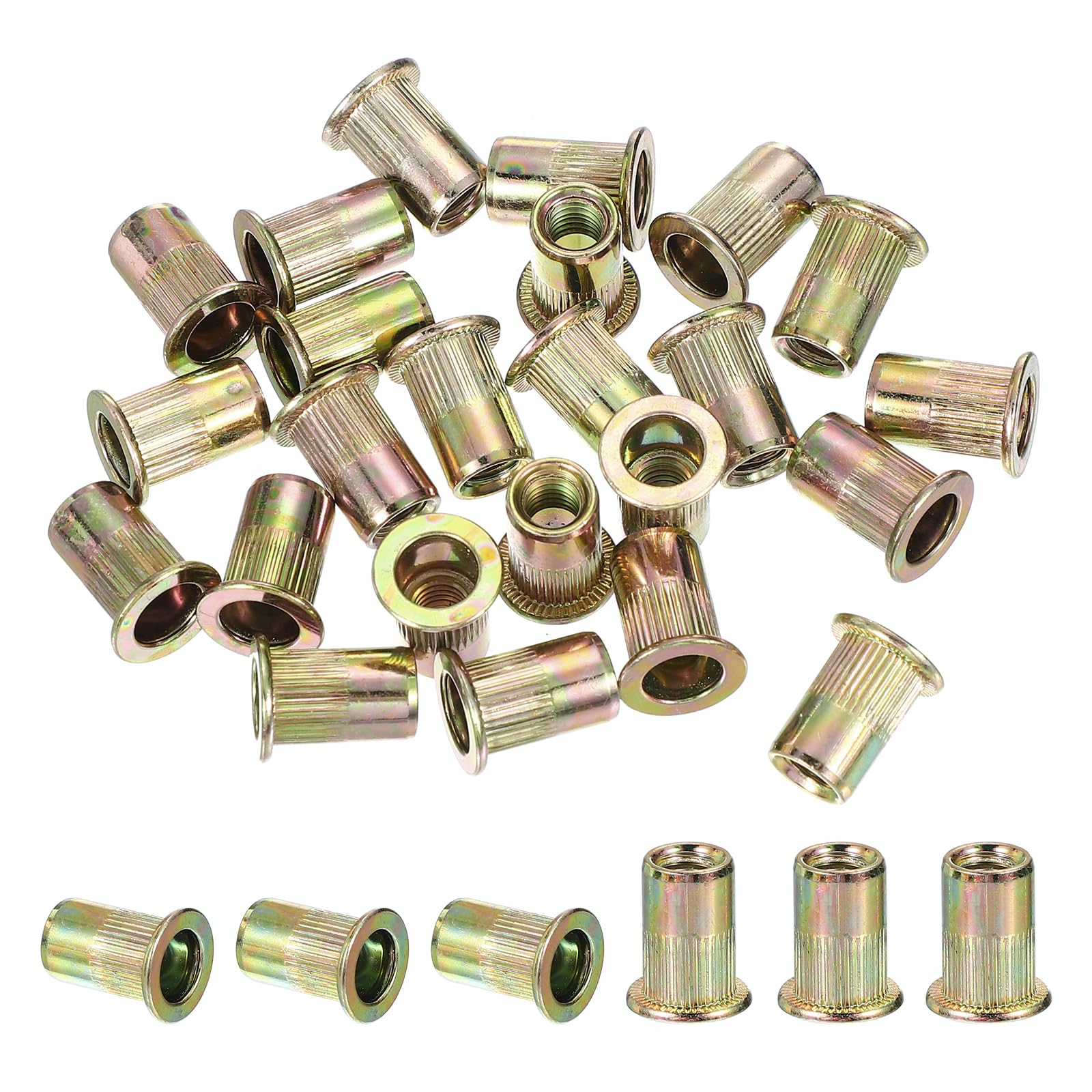 PATIKIL 1/4" Carbon Steel Rivet Nut, 100 Pcs Flat Head Rivet Nut Threaded Insert Nut for Furniture Decoration Electrical Industrial, Gold