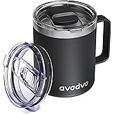 avodvo 12oz Insulated Coffee Mug with Lid – Includes Two Lids, Stainless Steel Coffee Travel Mug with Handle, Double Wall Vacuum Insulated Camping Mug for Home, Office & Outdoor, Black