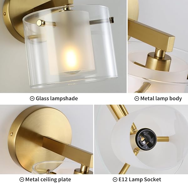 BREOMO BATHROOM WALL SCONCES, WITH DOUBLE CLEAR GLASS SHADES, GOLD WALL LIGHTS FOR BEDROOM, HARDWIRED MODERN VANITY LIGHTS FOR LIVING ROOMS, AND HALLWAYS. E12 SOCKET (GOLD, 2 PIECES)
