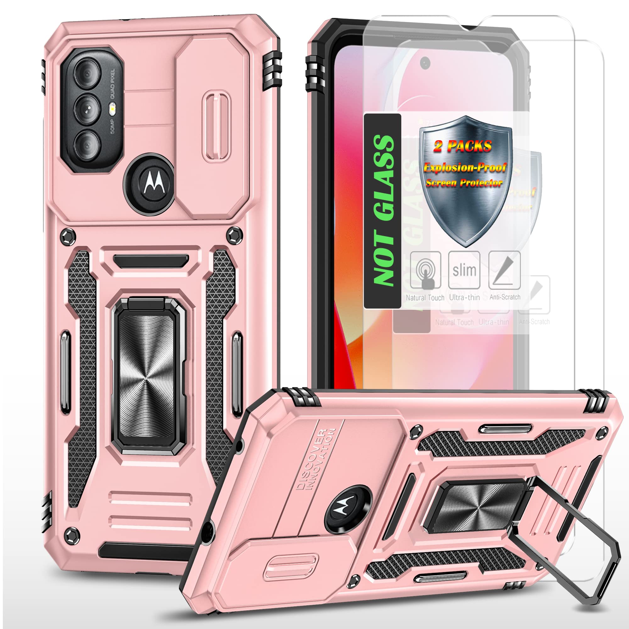 AYMECL for Moto G Pure Phone Case,Moto G Power 2022/G Play 2023 Case with 2 Pcs Explosion-Proof Film,360° Rotate Ring Stand Cover Case for Motorola Moto G Power 2022 6.5 Inch-Rose Gold