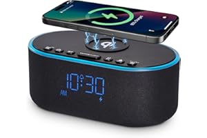 Odokee Wireless Charging Alarm Clock Radio: Qi Certified Fast Wireless Charger for iPhone Samsung - 10W Stereo Bluetooth Speaker - Dimmable Digital Clock with FM Radio for Bedroom Black