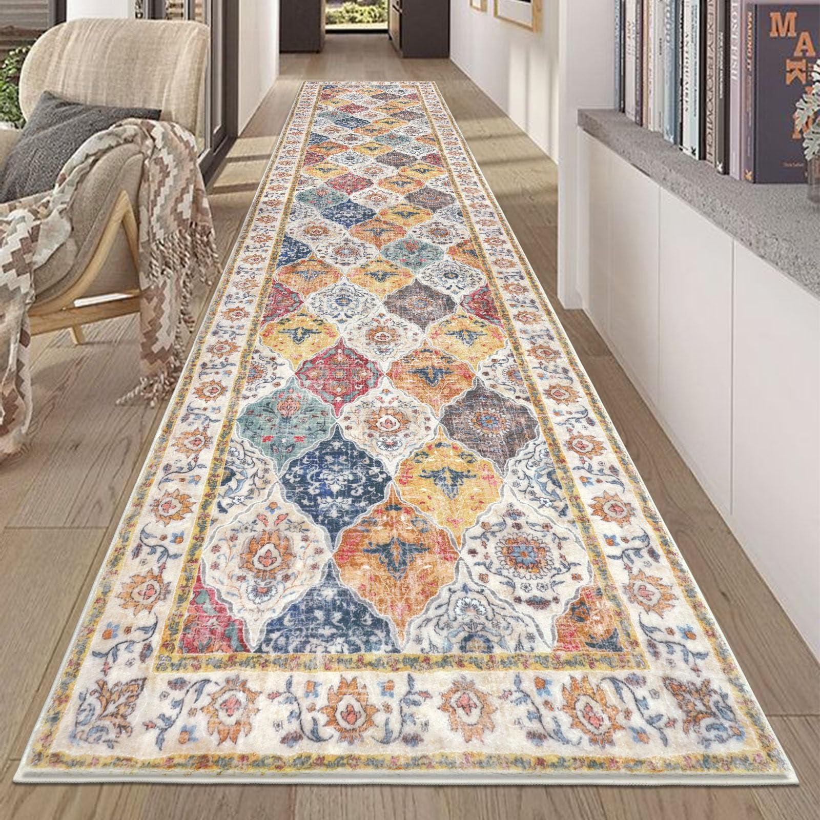 Photo 1 of HEBE Hallway Runner Rug 2'8''x12' Washable Vintage Distressed Area Rugs Non Slip Laundry Rug Runner Boho Floor Carpet Runners for Hallways Entryway Laundry Room Kitchen Bathroom